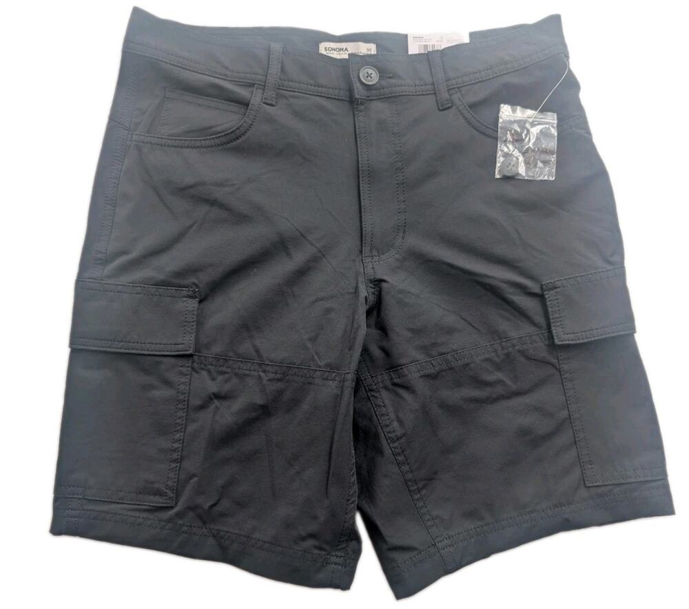 Sonoma Mens Size 30 Cotton Cargo The Performance Shorts 9" Inseam Black NWT
